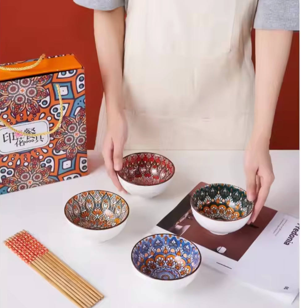 Set of 4 Bohemian Style Japanese Ceramic Bowl with Chopsticks