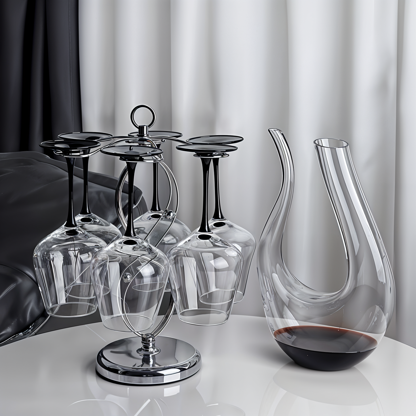Set of 6 Black Based Wine Glasses with Swan Shaped Carafe & Stainless Infinity Stand