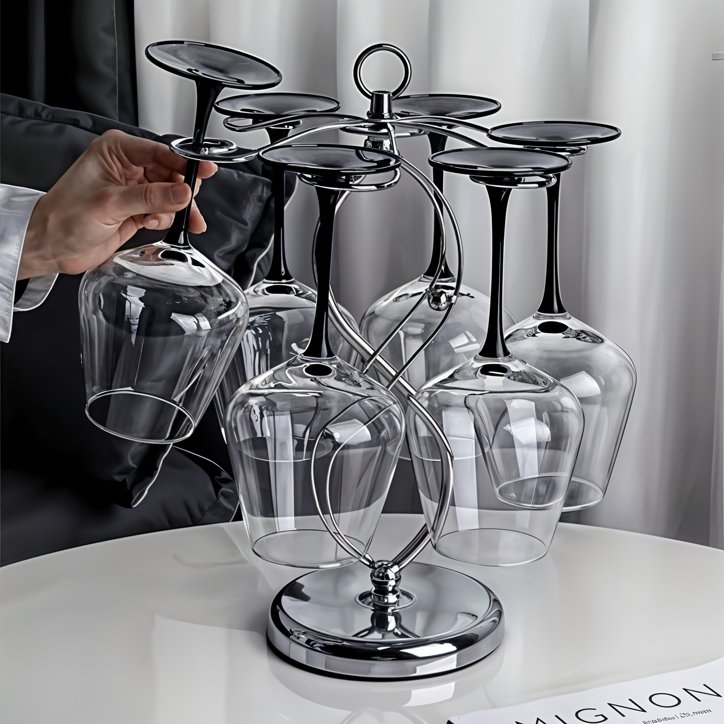 Set of 6 Black Based Wine Glasses with Swan Shaped Carafe & Stainless Infinity Stand