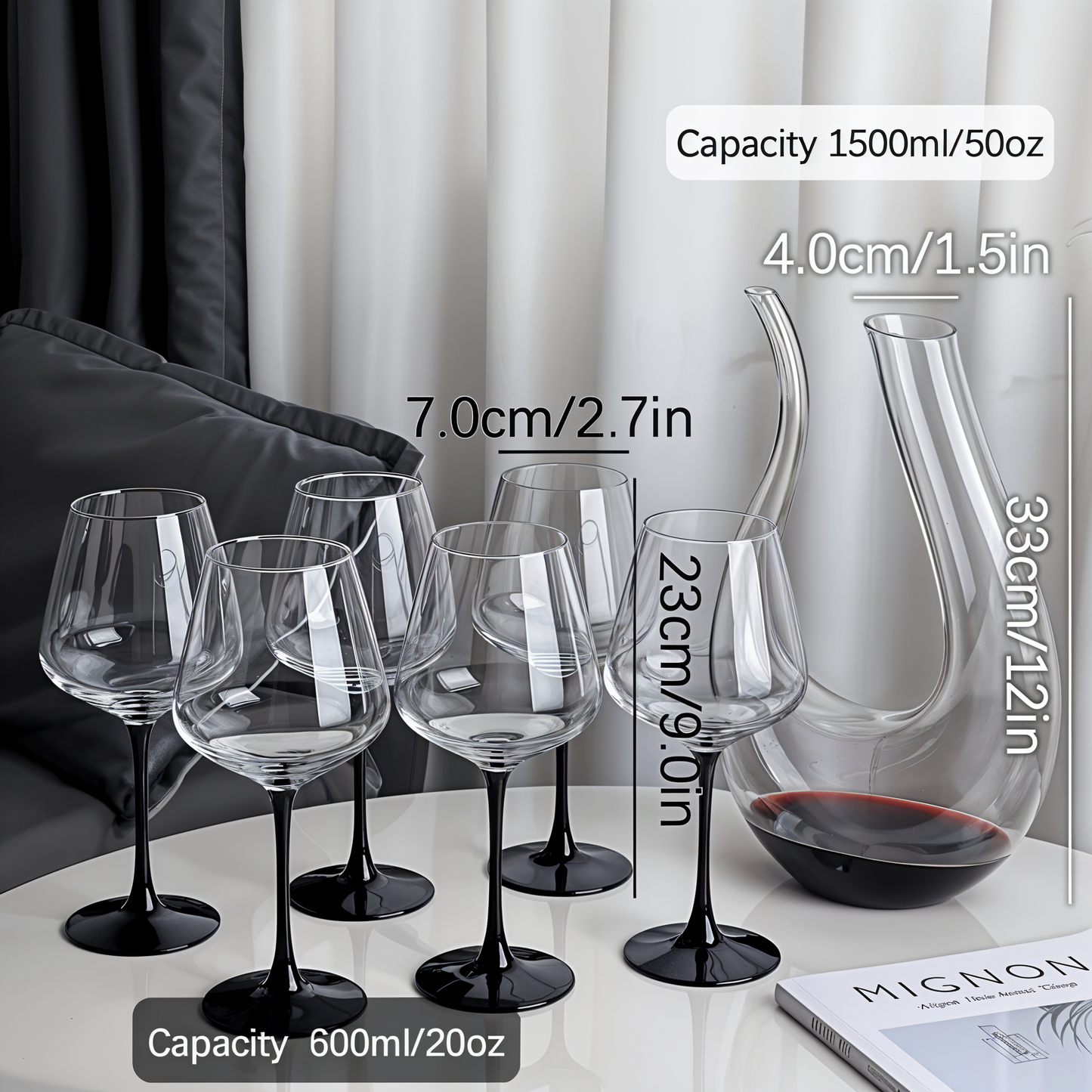 Set of 6 Black Based Wine Glasses with Swan Shaped Carafe & Stainless Infinity Stand