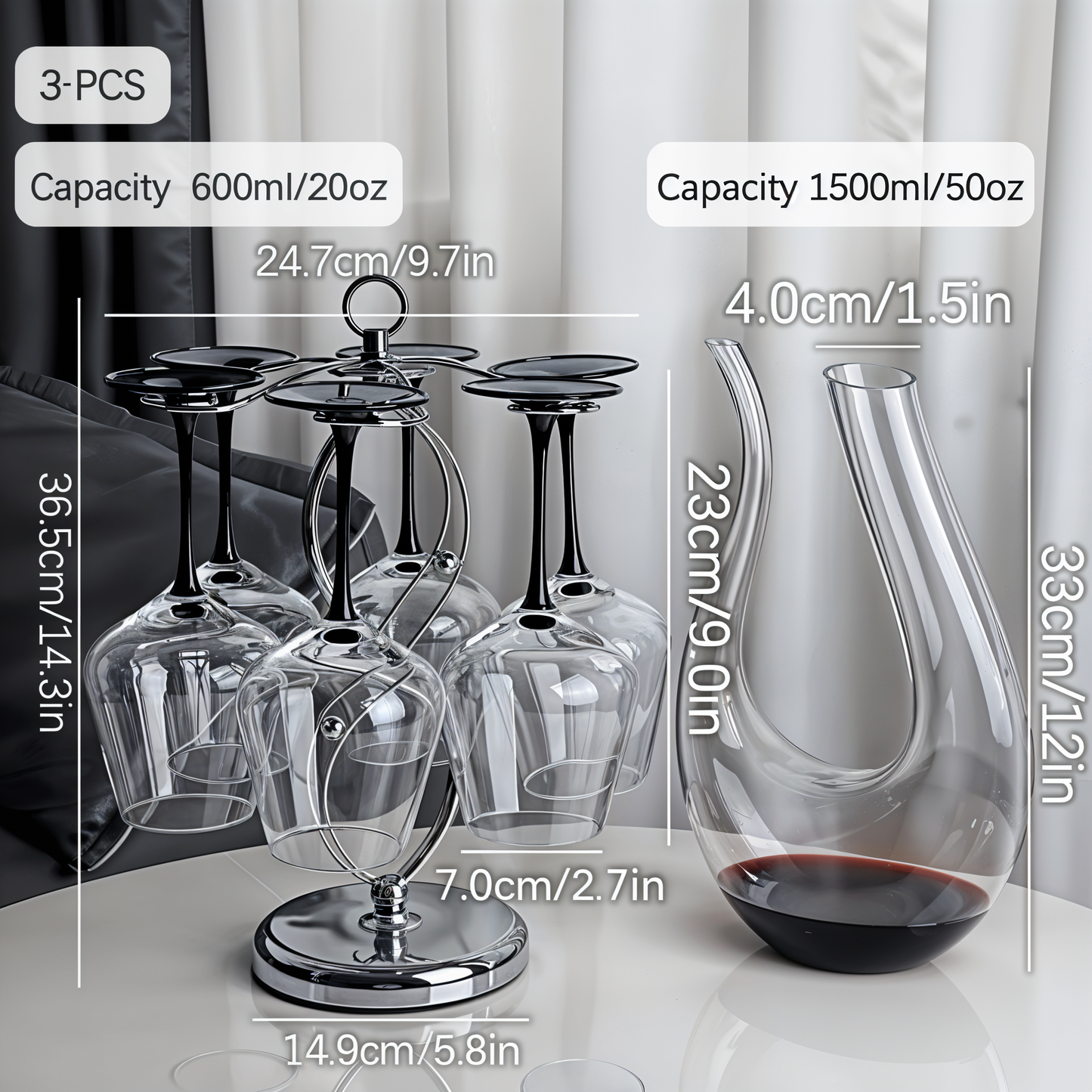 Set of 6 Black Based Wine Glasses with Swan Shaped Carafe & Stainless Infinity Stand
