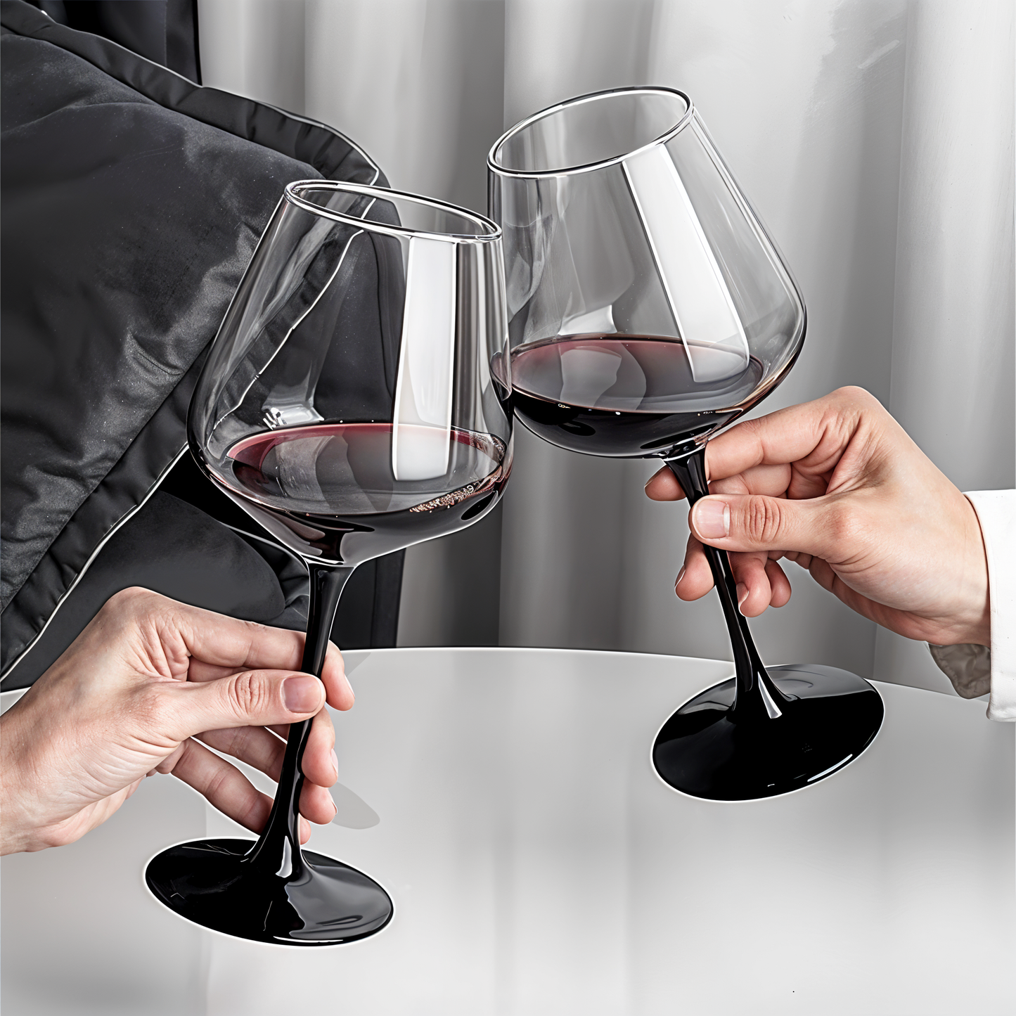 Set of 6 Black Based Wine Glasses with Swan Shaped Carafe & Stainless Infinity Stand