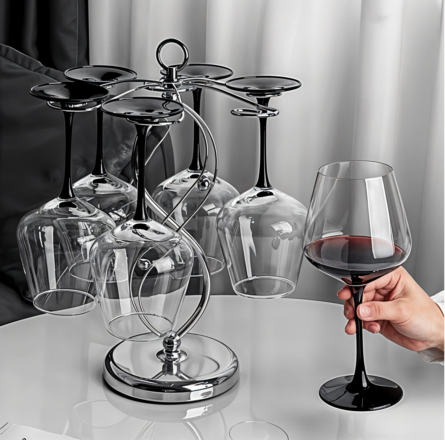Set of 6 Black Based Wine Glasses with Swan Shaped Carafe & Stainless Infinity Stand