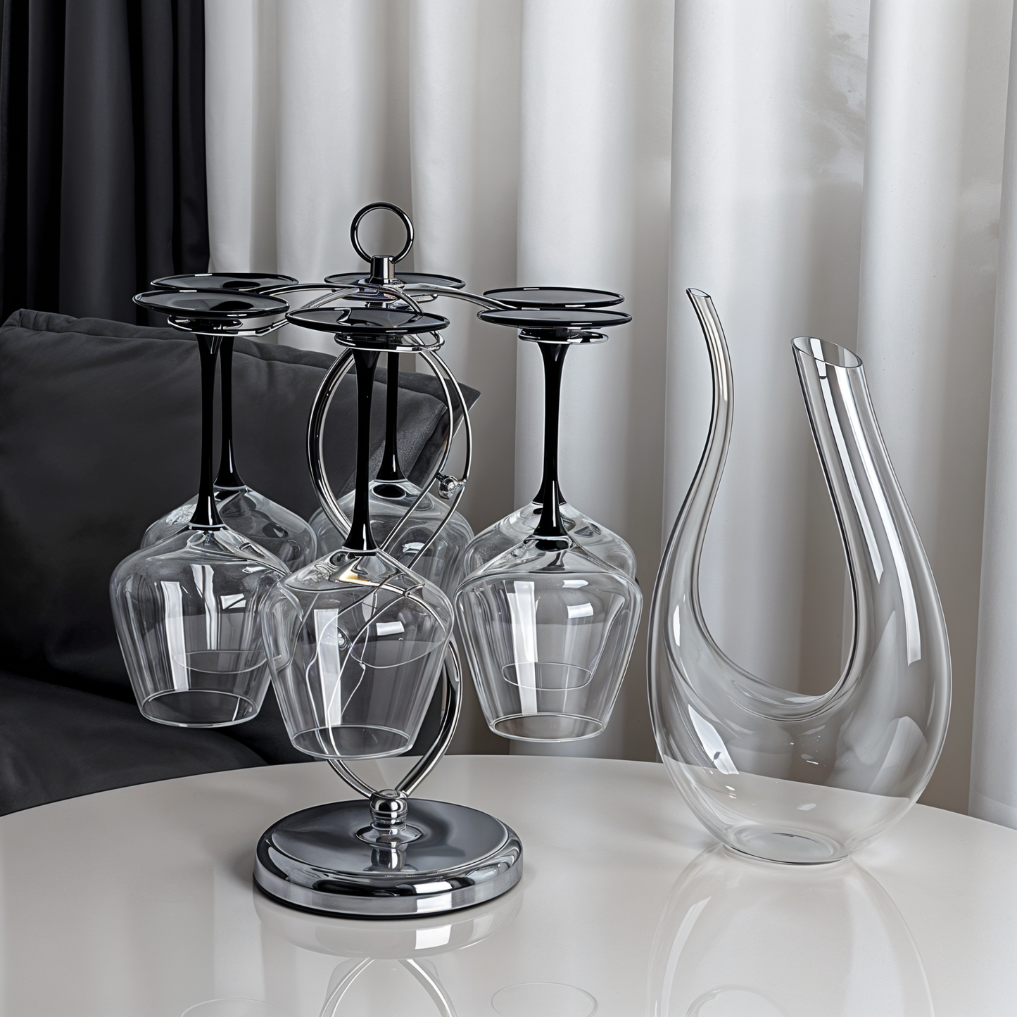 Set of 6 Black Based Wine Glasses with Swan Shaped Carafe & Stainless Infinity Stand