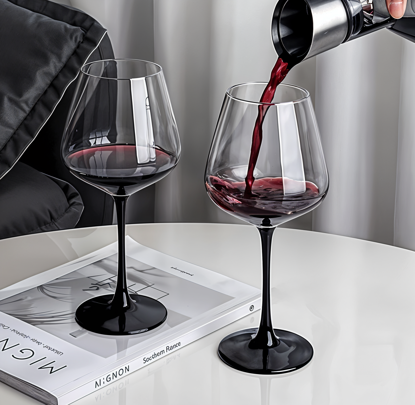 Set of 6 Black Based Wine Glasses with Swan Shaped Carafe & Stainless Infinity Stand