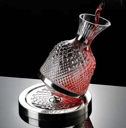 Luxury Rotary Crystal Glass Wine Decanter With Stainless Steel Tray