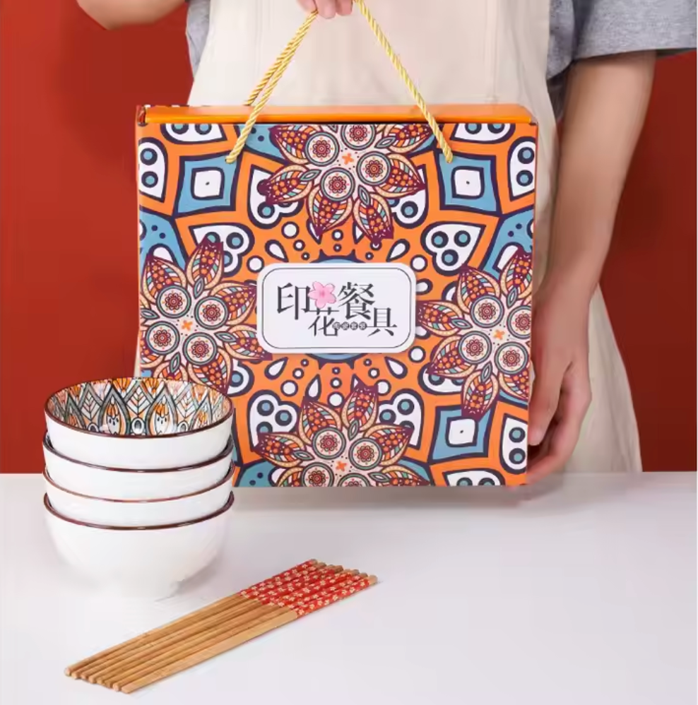 Set of 4 Bohemian Style Japanese Ceramic Bowl with Chopsticks