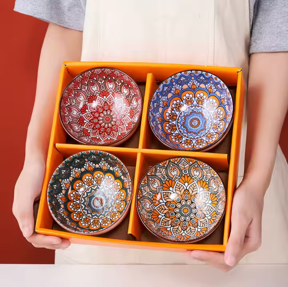 Set of 4 Bohemian Style Japanese Ceramic Bowl with Chopsticks