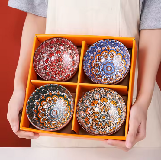 Set of 4 Bohemian Style Japanese Ceramic Bowl with Chopsticks