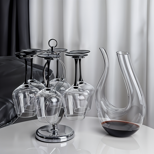 Set of 6 Black Based Wine Glasses with Swan Shaped Carafe & Stainless Infinity Stand