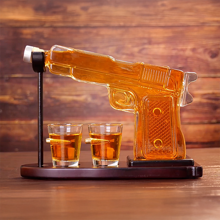 Glass Pistol Whiskey Decanter + 2 shots with bullets Set